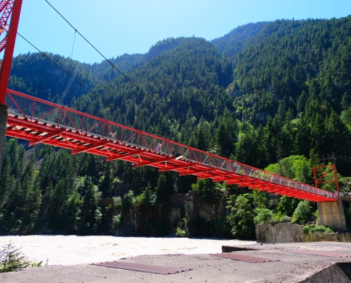 shot of red suspension bridge
